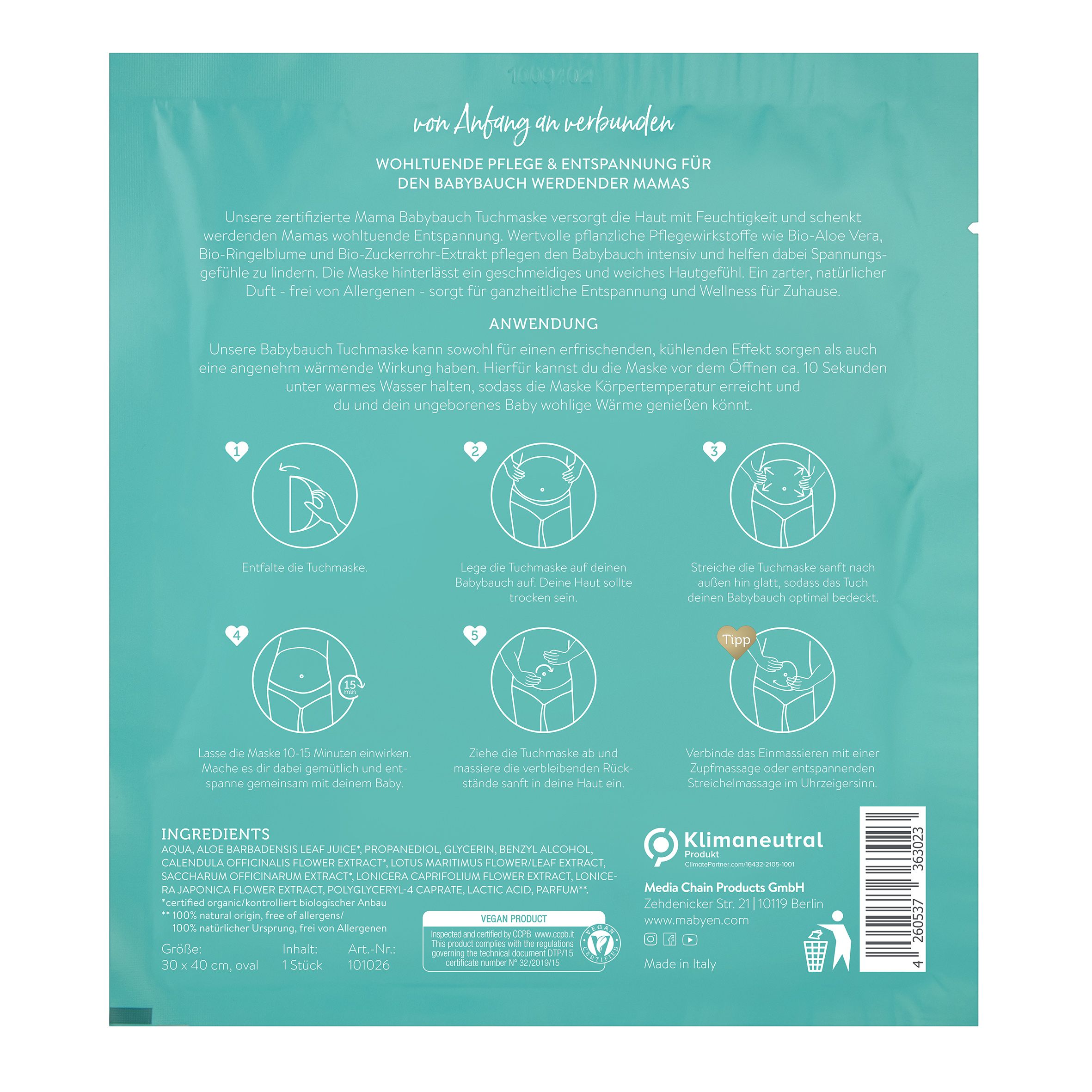 Rückseite der MABYEN Mama Babybauch Tuchmaske. Türkis-weißes Design mit Text und Anwendungsanleitung in deutscher Sprache.