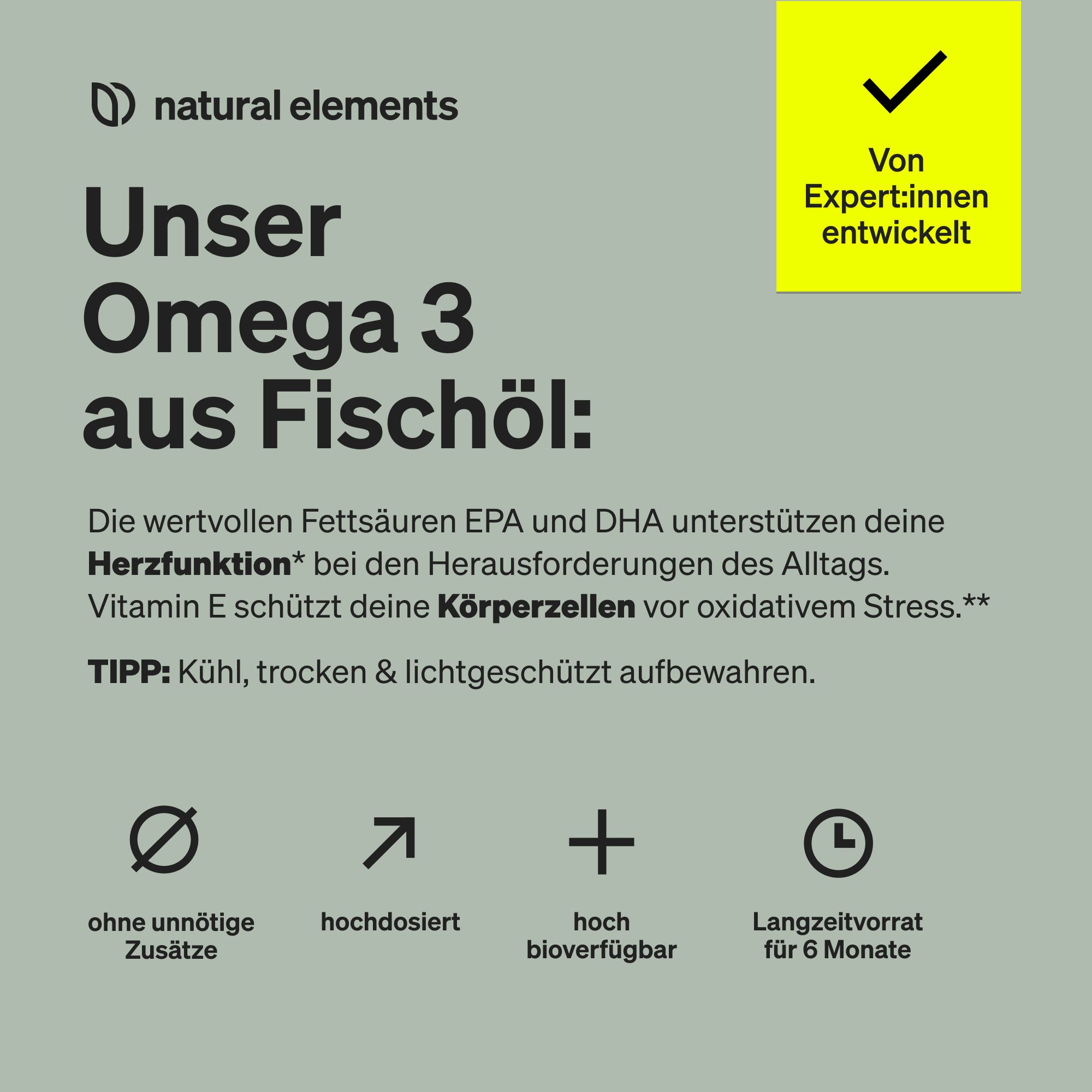 Text auf grünem Hintergrund. Überschrift: Unser Omega 3 aus Fischöl. Weitere Texte und Icons.
