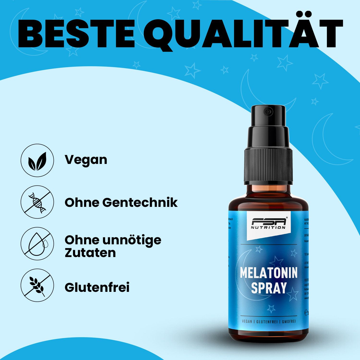 Braune Flasche mit Sprühkopf. Text: Beste Qualität, Vegan, Ohne Gentechnik, Ohne unnötige Zutaten, Glutenfrei. Blaue grafische Elemente.