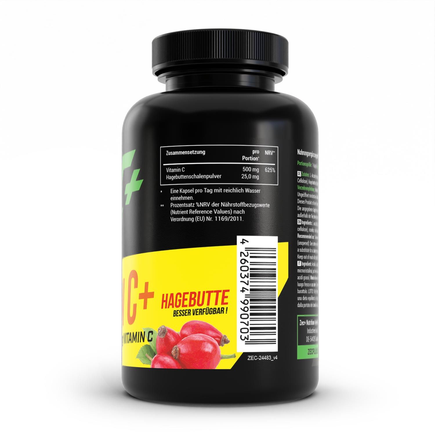 Rückseite der schwarzen Flasche. Gelbes Etikett mit Text: Vitamin C+ Hagebutte. Inhaltsangaben und Nährwerttabelle.
