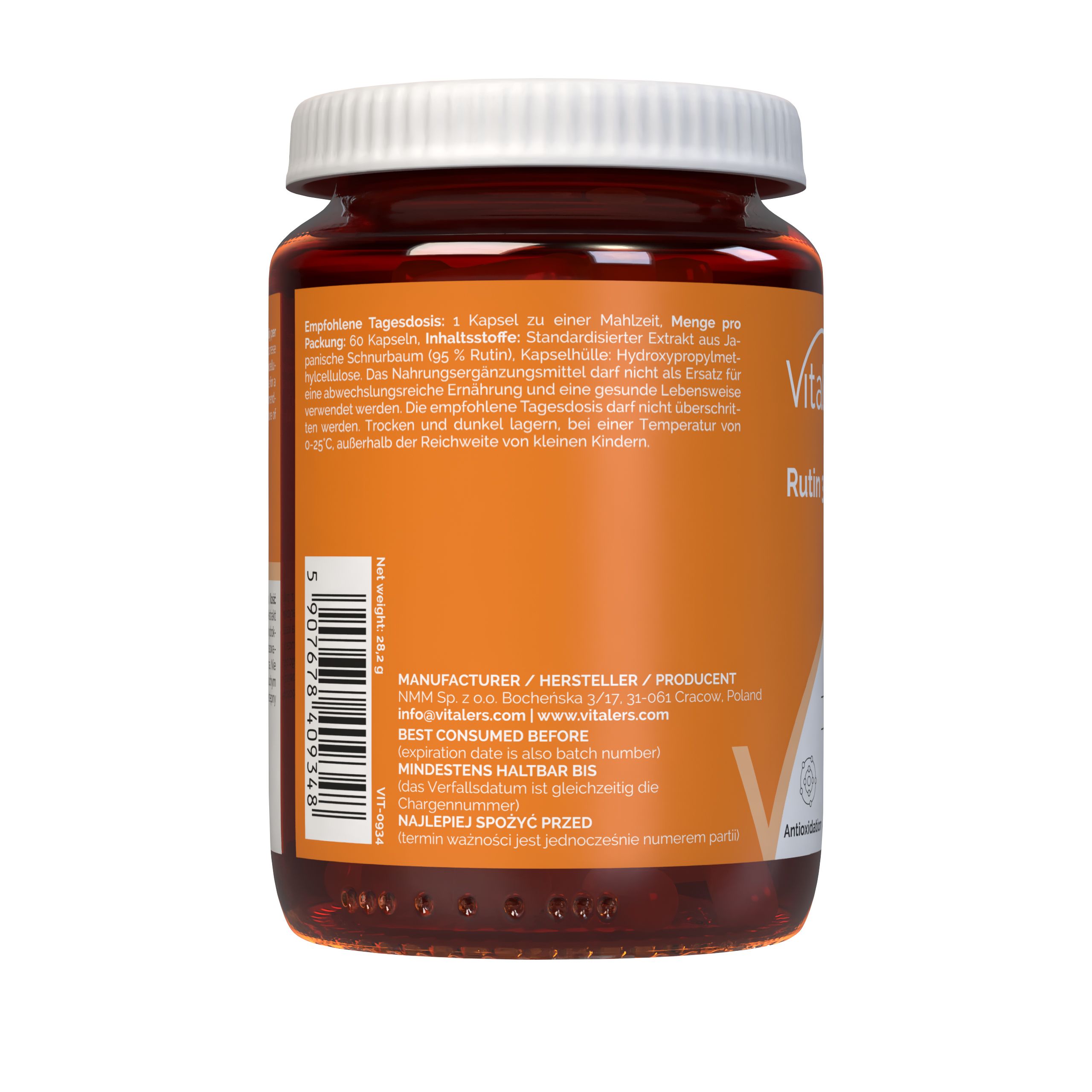 Rückseite des Vitaler's Rutin 350 mg Kapselbehälters mit Barcode und Herstellerangaben.