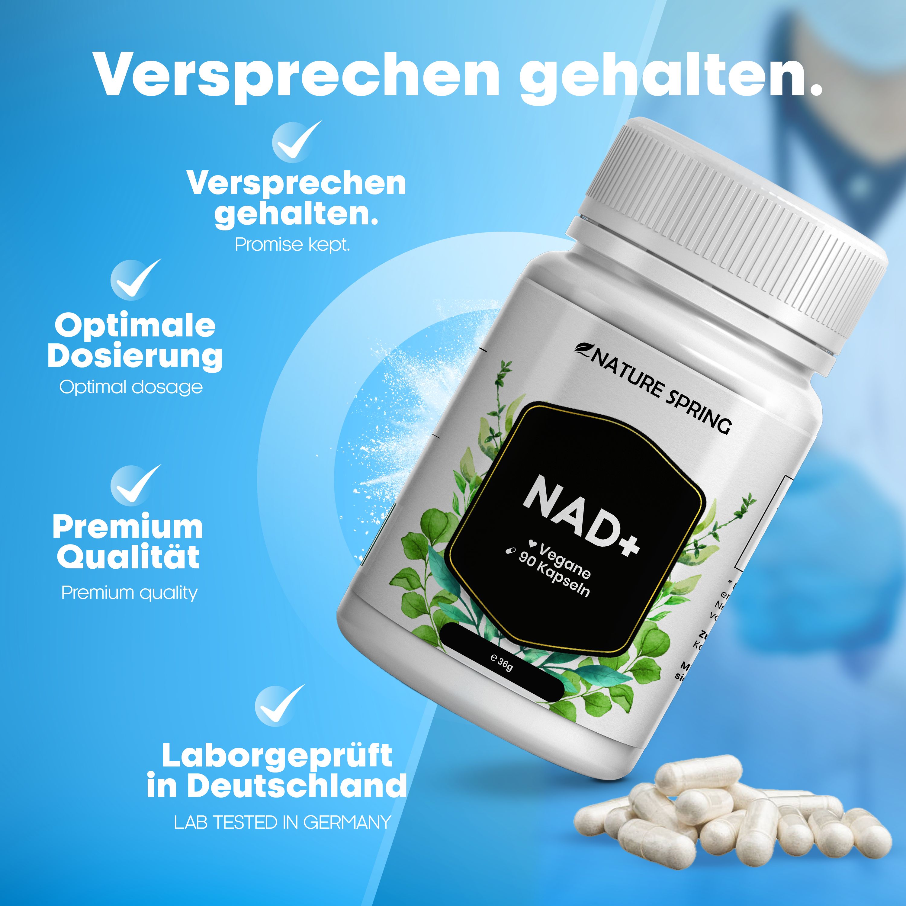 Nature Spring NAD+ Kapseln: Optimale Dosierung, Premium Qualität, Labor geprüft in Deutschland.