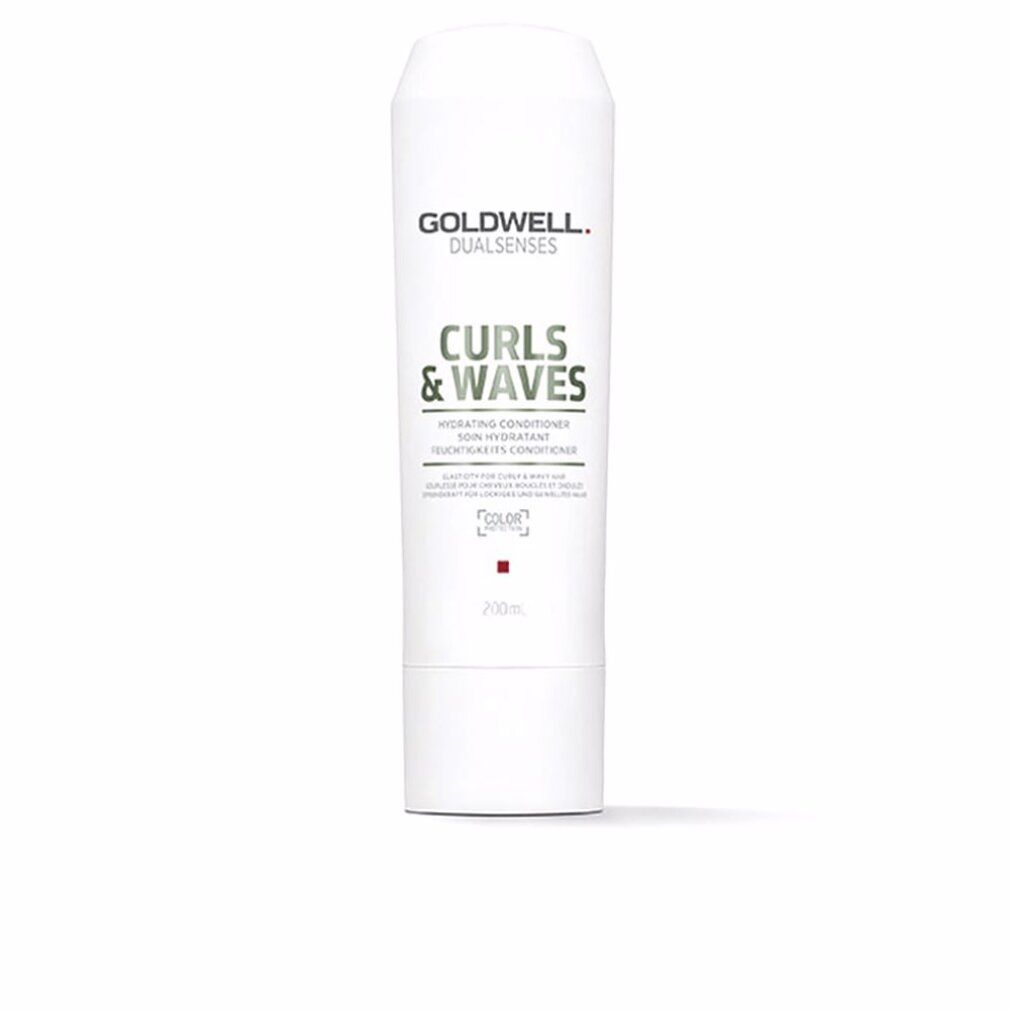 Weiße Flasche mit Goldwell Dualsenses Curls & Waves Aufschrift. Hydrating Conditioner. Roter Punkt unten.