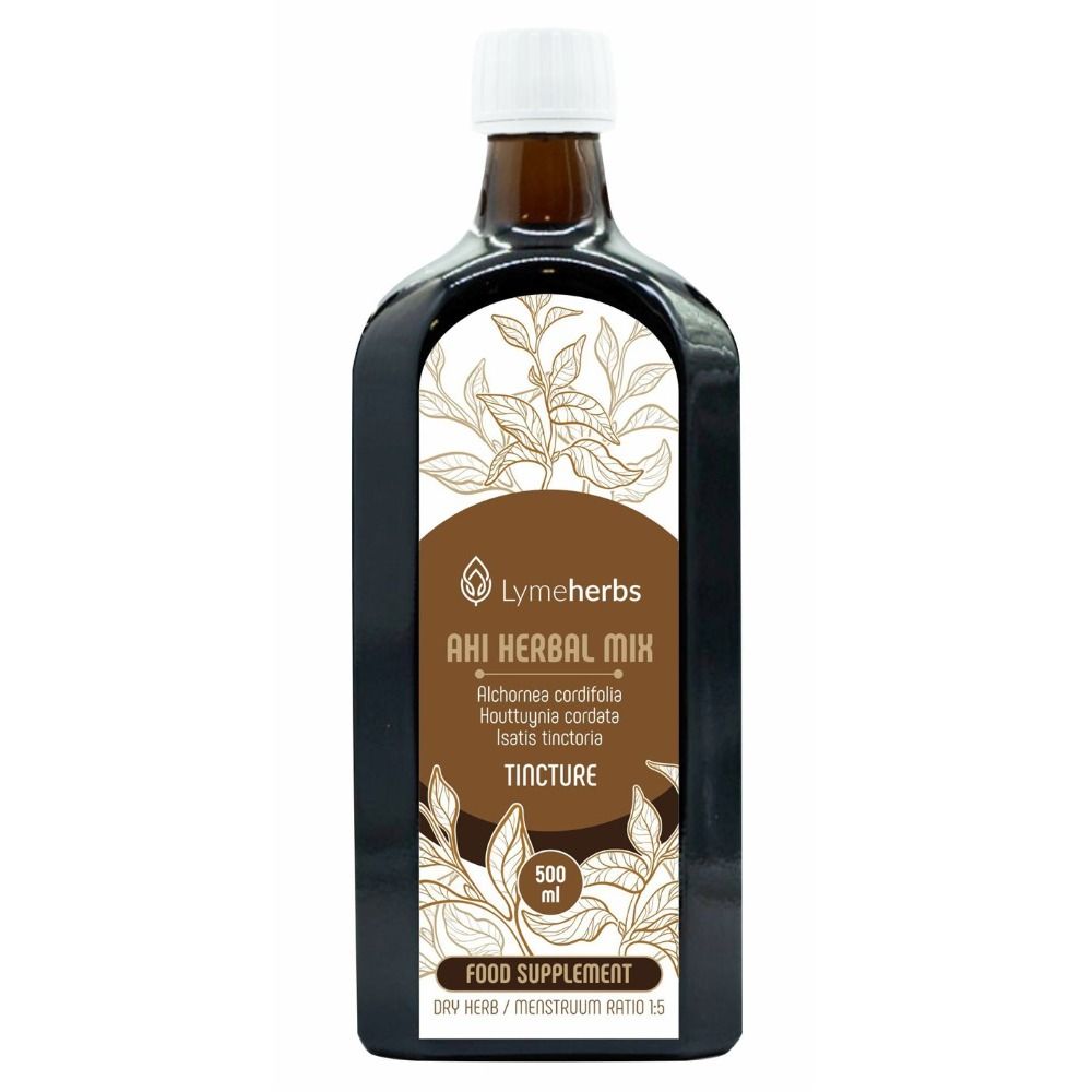 Braune Glasflasche mit weißem Verschluss, Etikett mit Kräutermotiv, "Lymeherbs AHI HERBAL MIX TINCTURE" und "500 ml".