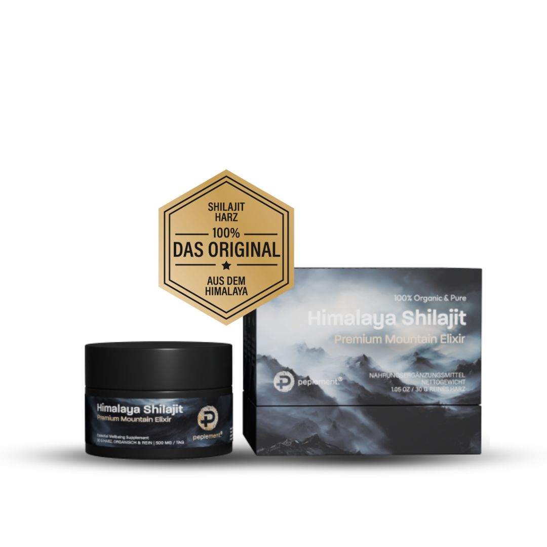 Schwarzes Glas mit Himalaya Shilajit Premium Mountain Elixir und goldener Siegel "Das Original".