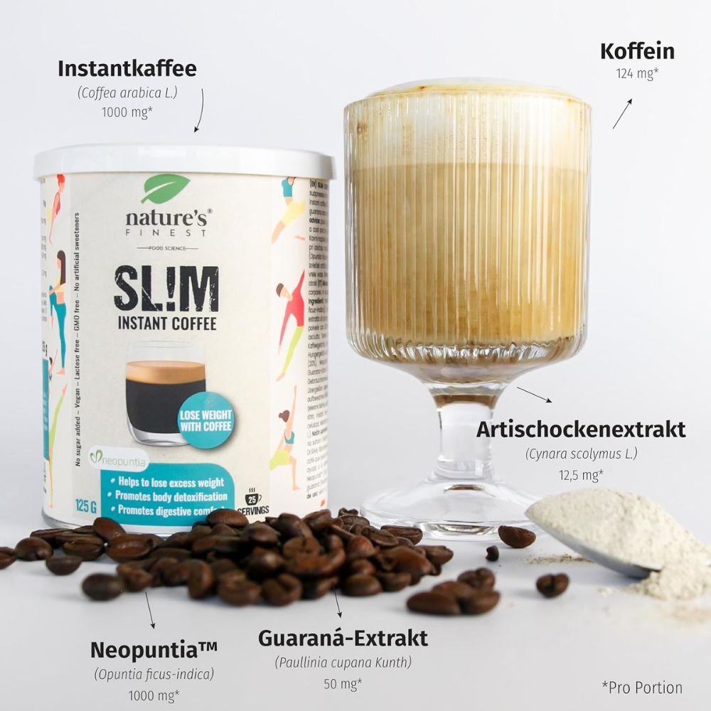 Dose Nature's Finest Slim Instant Coffee, Kaffeebohnen, Kaffeepulver, Glas Kaffee. Zutaten: Koffein, Artischockenextrakt, Guarana-Extrakt, Neopuntia.