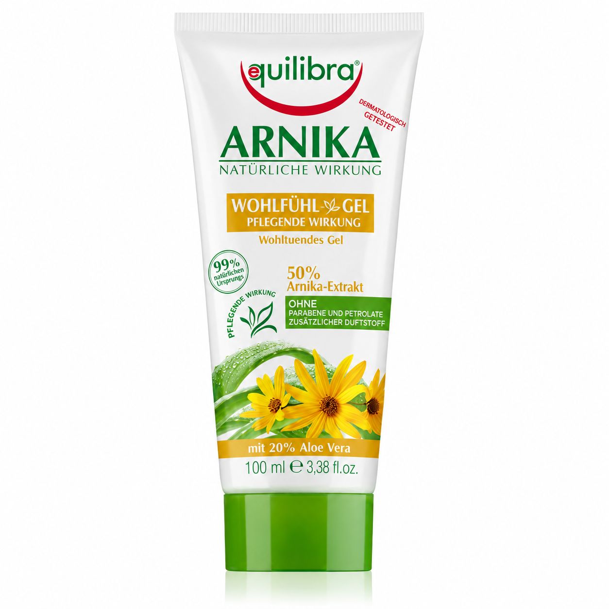 Equilibra Arnika Wohlfühl Gel Pflegende Wirkung in weißer Tube mit grünem Deckel.