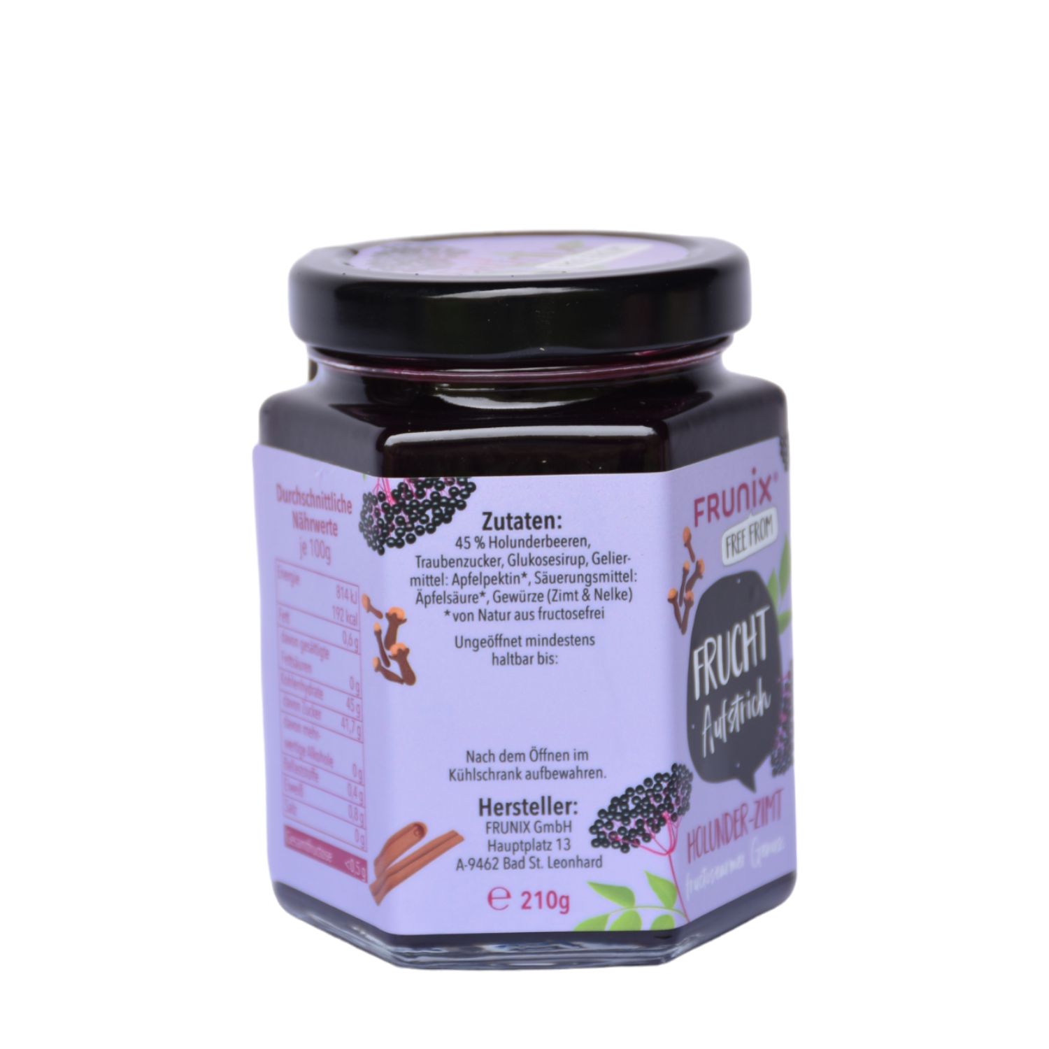 Glas Frunix Fruchtaufstrich Holunder-Zimt, Rückseite. Lila Etikett mit Zutaten, Herstelleradresse und Nährwertangaben. Schwarzer Deckel.