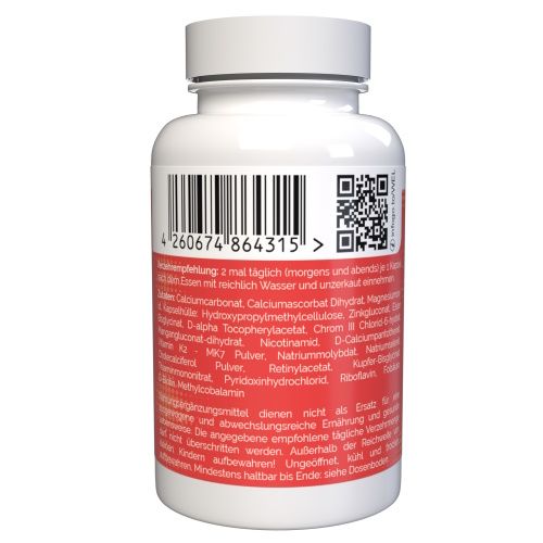 Rückseite einer weißen Flasche. Rotes Etikett mit Barcode, QR-Code und Text. Enthält Inhaltsstoffe und Herstellerinformationen.