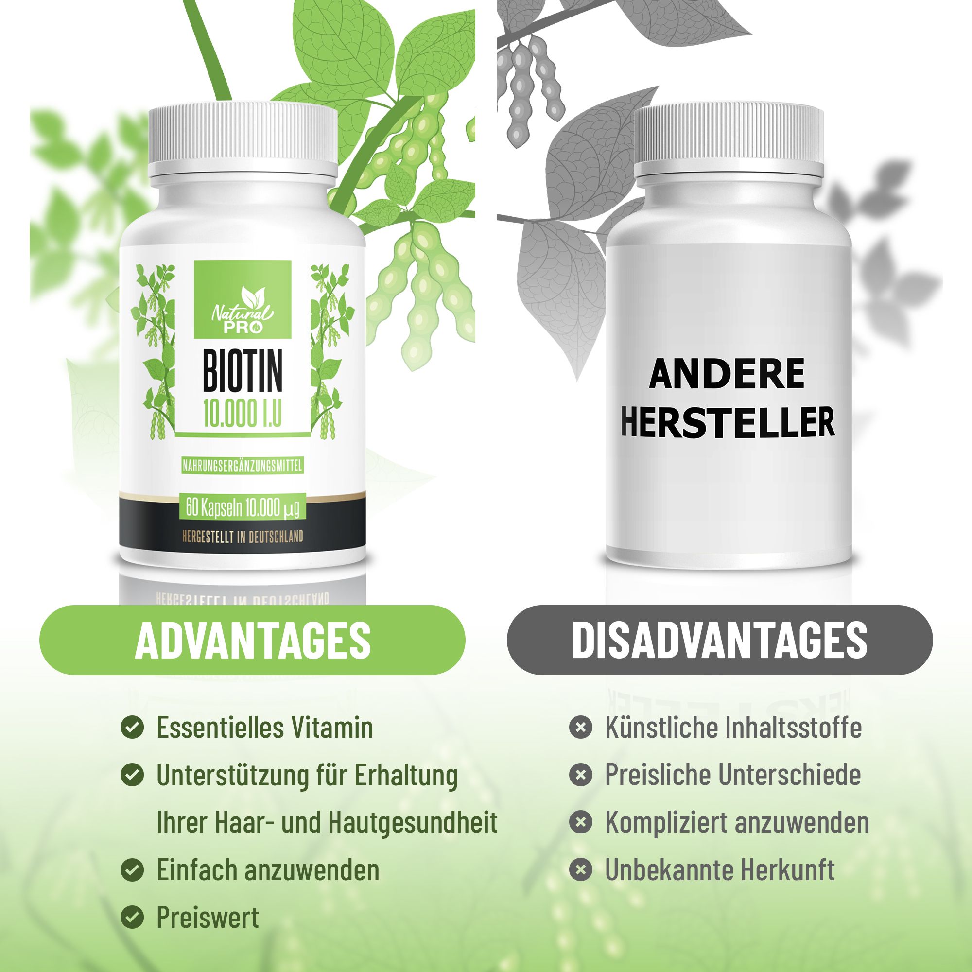 Vergleich von zwei Flaschen. Eine mit "Natural Pro Biotin 10.000 I.U", die andere mit "Andere Hersteller". Vorteile und Nachteile.