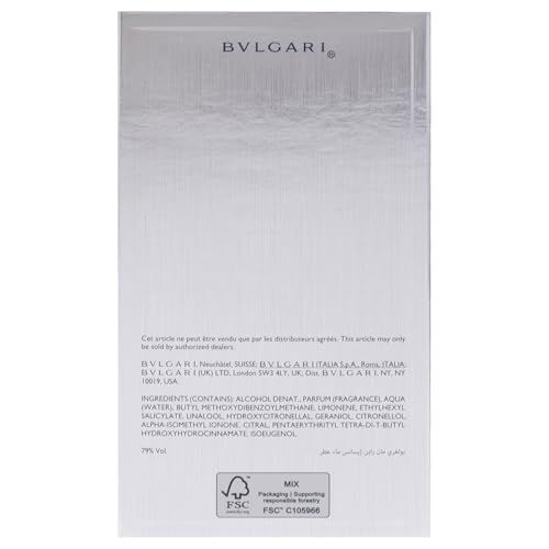 Rückseite der Bvlgari Man Rain Essence Verpackung. Text mit Inhaltsstoffen, FSC-Logo und weiteren Informationen.