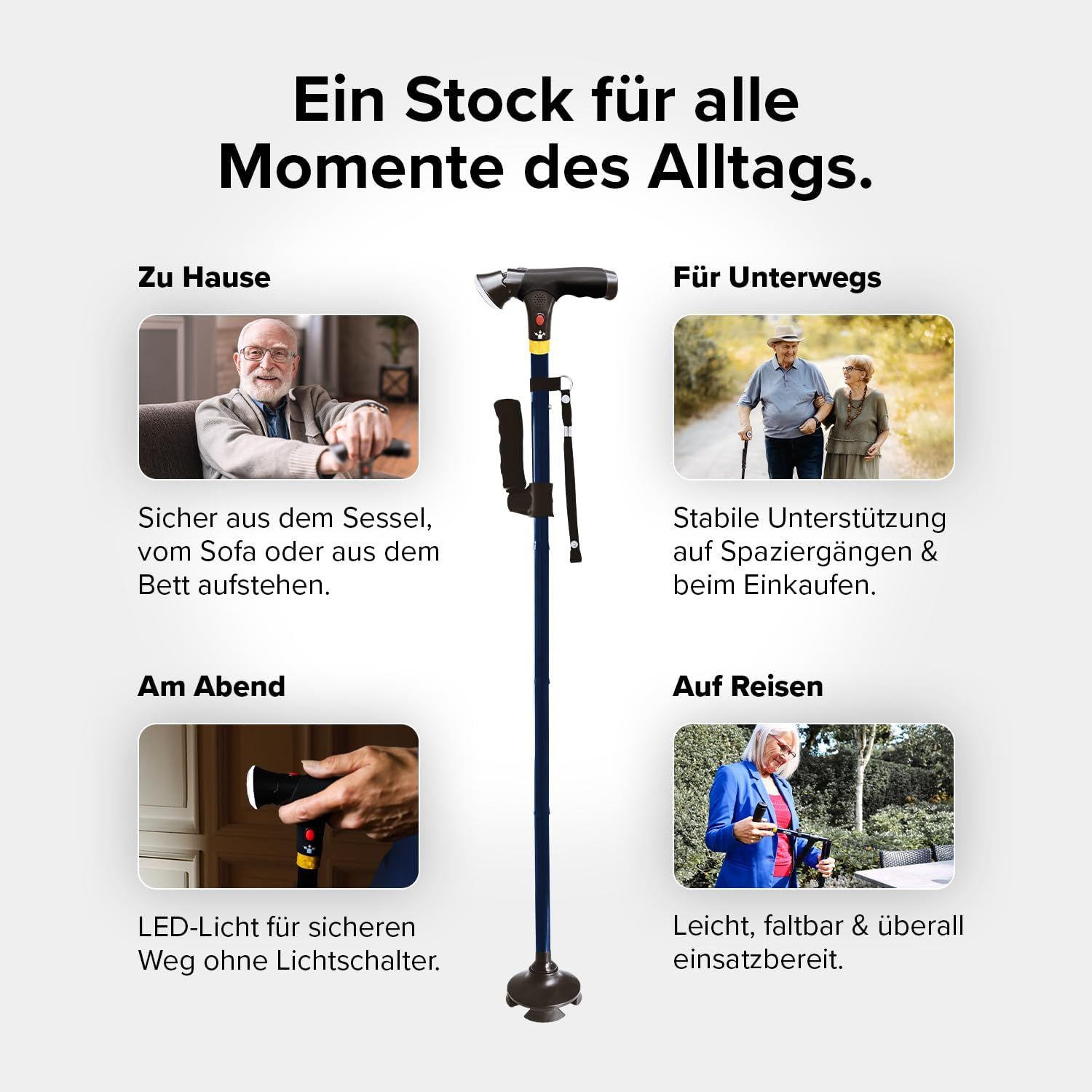 DR-HO'S Get Up & Go Gehstock mit LED-Licht, Alarmknopf & 4-Punkt-Standfuß
