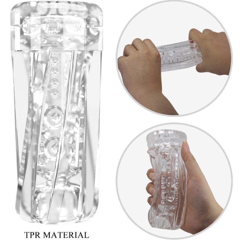 Masturbator mit Detailansichten: Innenstruktur und Hände, die das flexible TPR-Material zeigen.