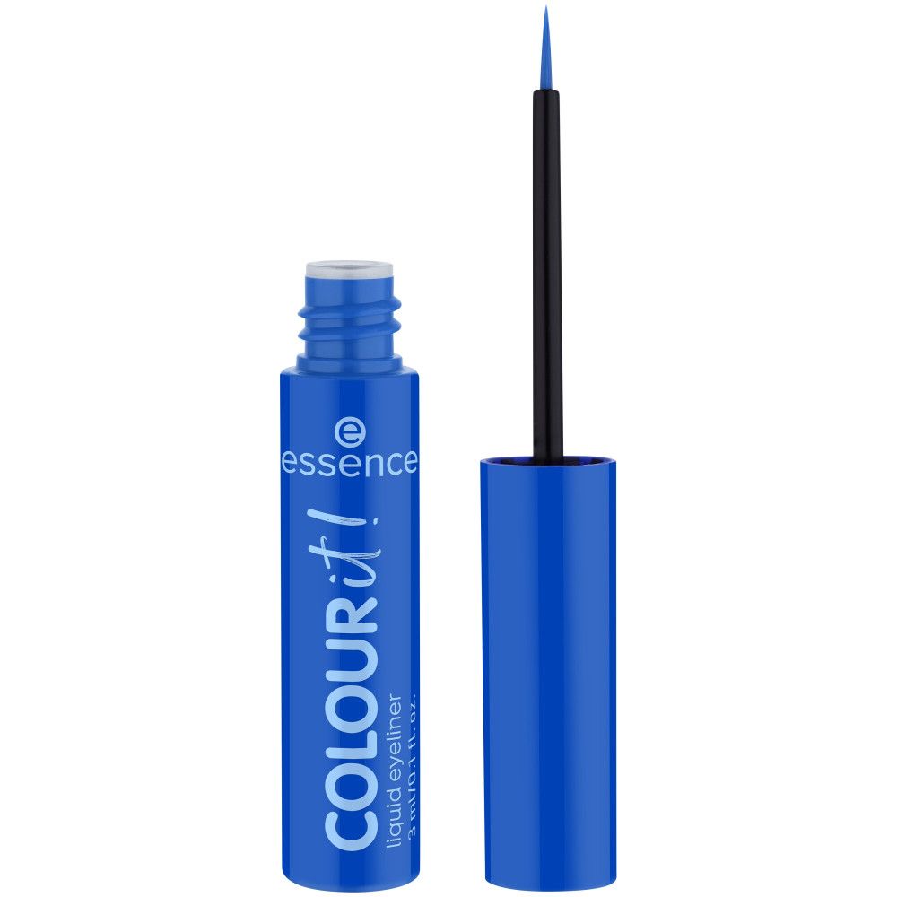 Blauer Flüssigeyeliner mit schwarzem Applikator. Produktname und Marke sind sichtbar. Flasche geöffnet.
