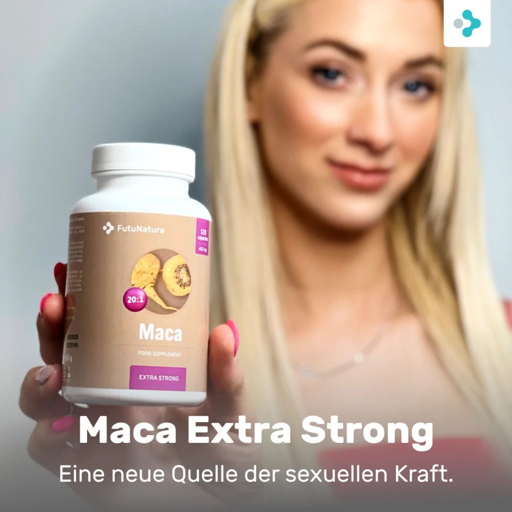 Frau hält eine Flasche mit Maca Extra Strong. Aufschrift: Maca Extra Strong. Im Hintergrund: Logo.