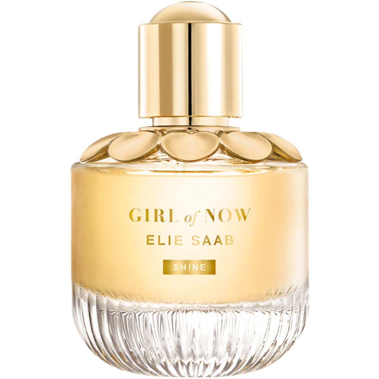 Parfümflakon mit goldfarbenem Verschluss und Schriftzug. Aufschrift: GIRL of NOW, ELIE SAAB, SHINE.
