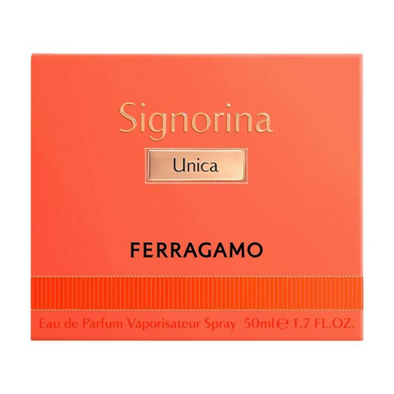 Rote Verpackung mit goldfarbenem Schriftzug Signorina Unica und Ferragamo. Text: Eau de Parfum Vaporisateur Spray 50ml.
