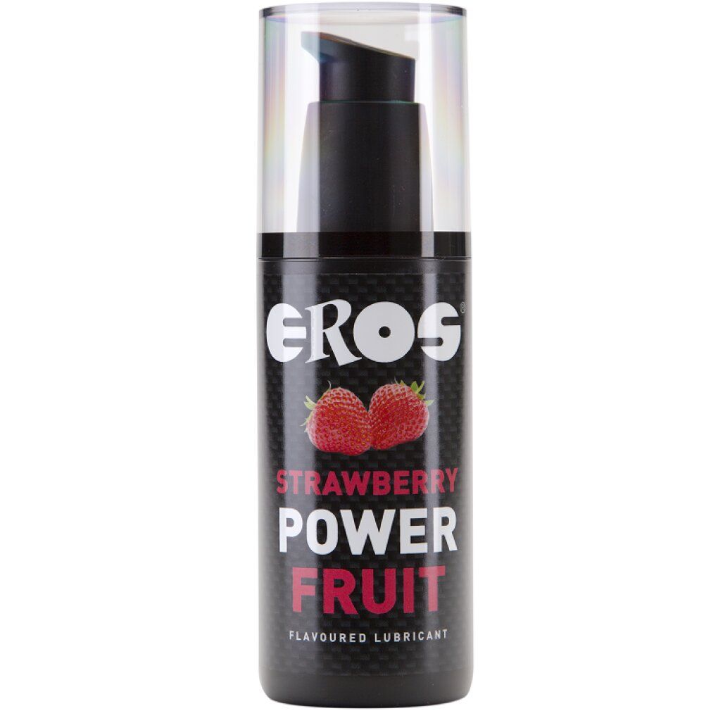 Schwarze Flasche mit Dosierpumpe. Aufschrift: EROS, Erdbeere, Power Fruit. Abbildung von Erdbeeren.