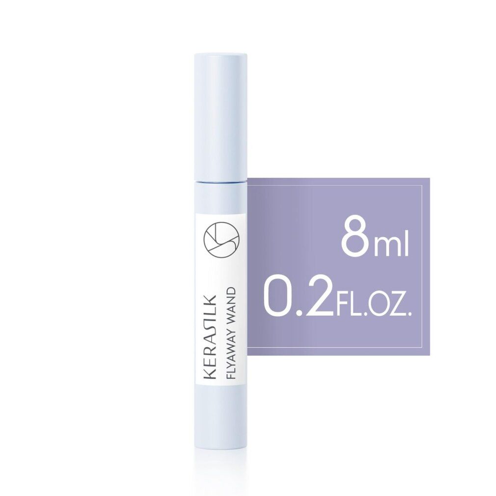 Kerasilk Flyaway Wand. Hellblaue Tube mit weißem Etikett. Logo, Produktname und Volumenangabe: 8ml/0.2 FL.OZ. Auf lila Hintergrund.