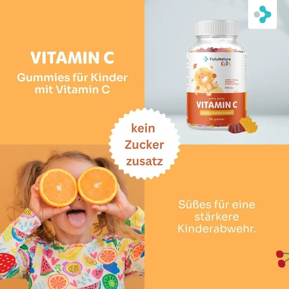 Kind mit Orangen. Flasche Vitamin C Gummies. Text: Vitamin C Gummies für Kinder mit Vitamin C. Kein Zuckerzusatz.