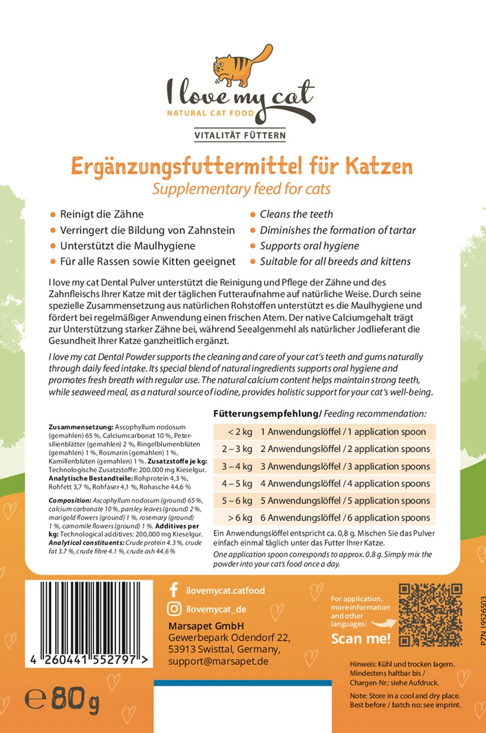 Nahaufnahme der Rückseite des Dental Pulver Beutels. Text: I love my cat, Ergänzungsfuttermittel für Katzen, Fütterungsempfehlung, Inhaltsstoffe.