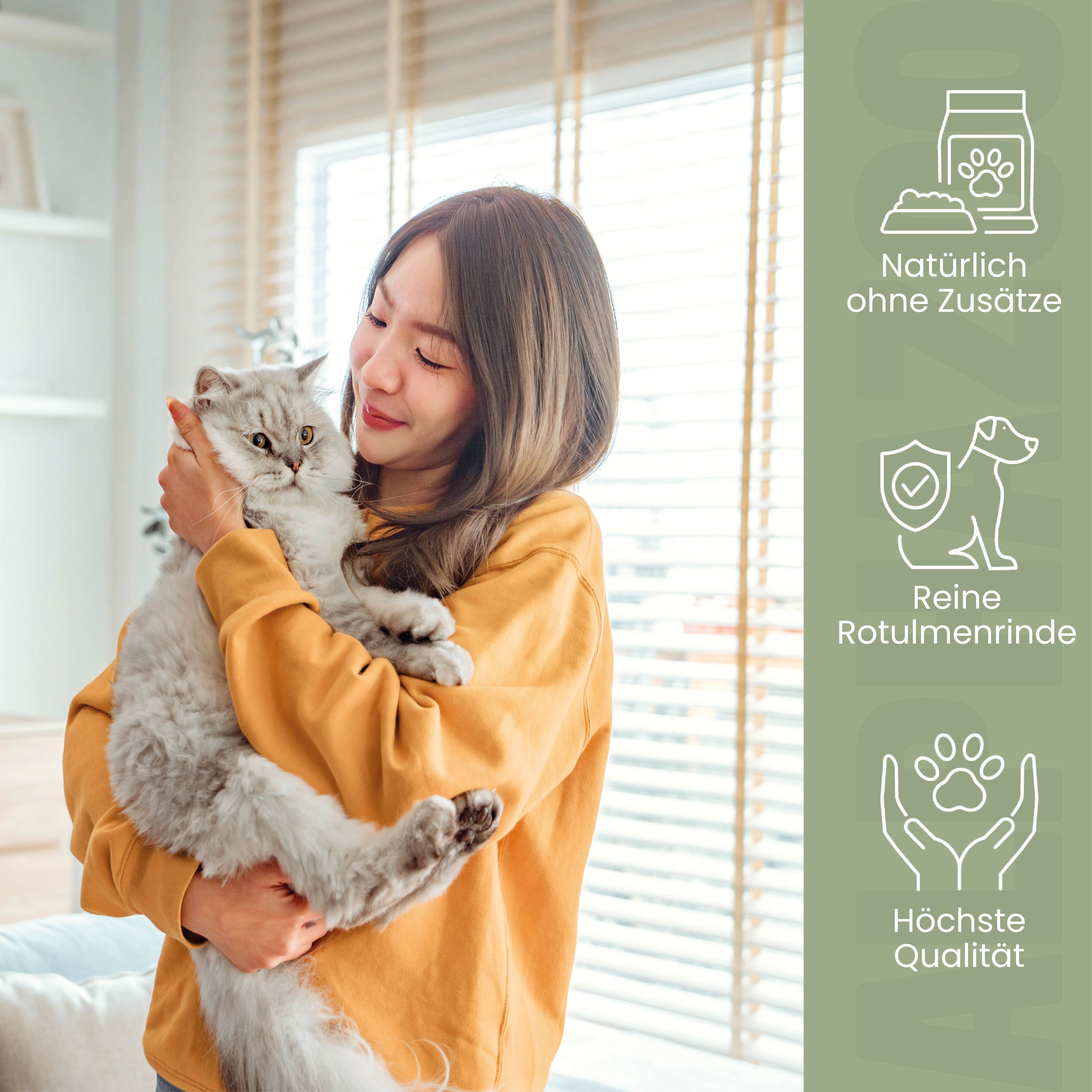 Frau hält eine Katze. Symbole: Natürlich ohne Zusätze, Reine Rotulmenrinde, Höchste Qualität.