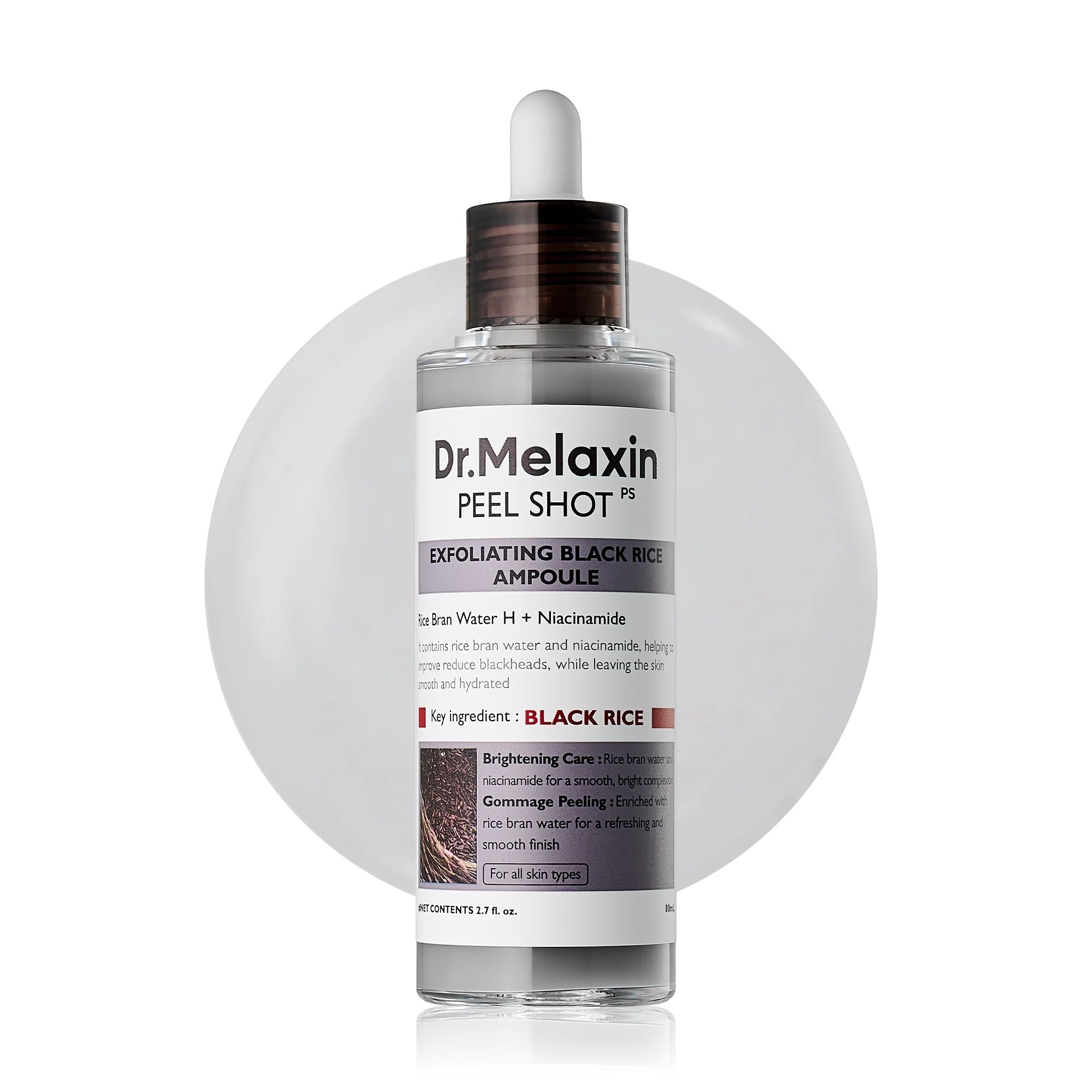 Glasflasche mit Pipette, Produktname und Inhaltsstoffe. Hintergrund mit hellem Kreis.