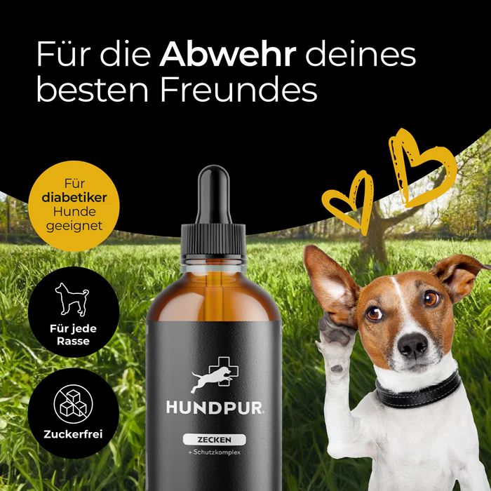 Braune Flasche mit Pipette. Aufschrift Hundpur Zecken Tinktur. Abbildung eines Hundes. Text: Für die Abwehr deines besten Freundes.