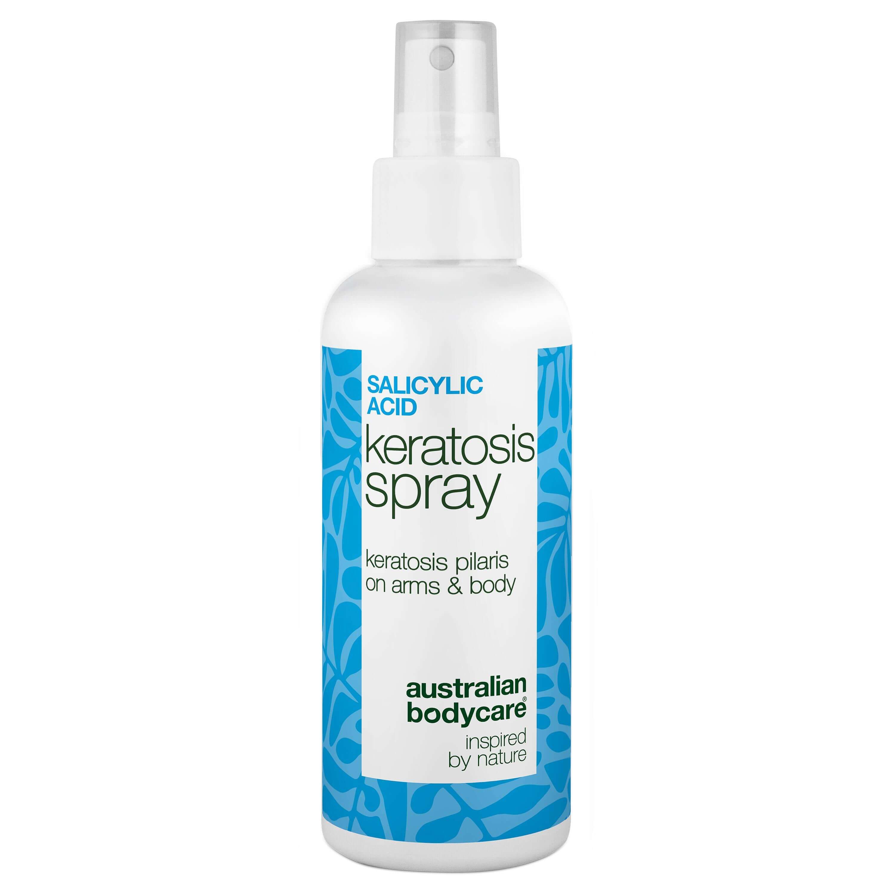 Weiße Sprühflasche mit blauem Etikett. Text: Salicylsäure Keratosis Spray. Marke: Australian Bodycare.