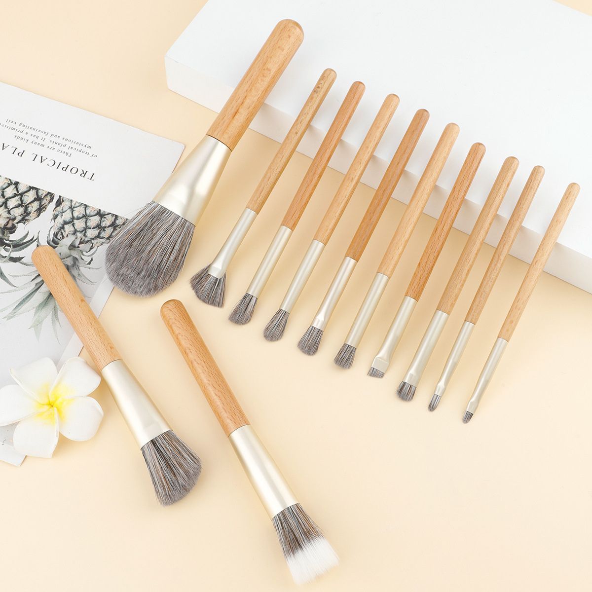 Set mit 12 Make-up-Pinseln mit Holzgriffen und silbernen Zwingen.