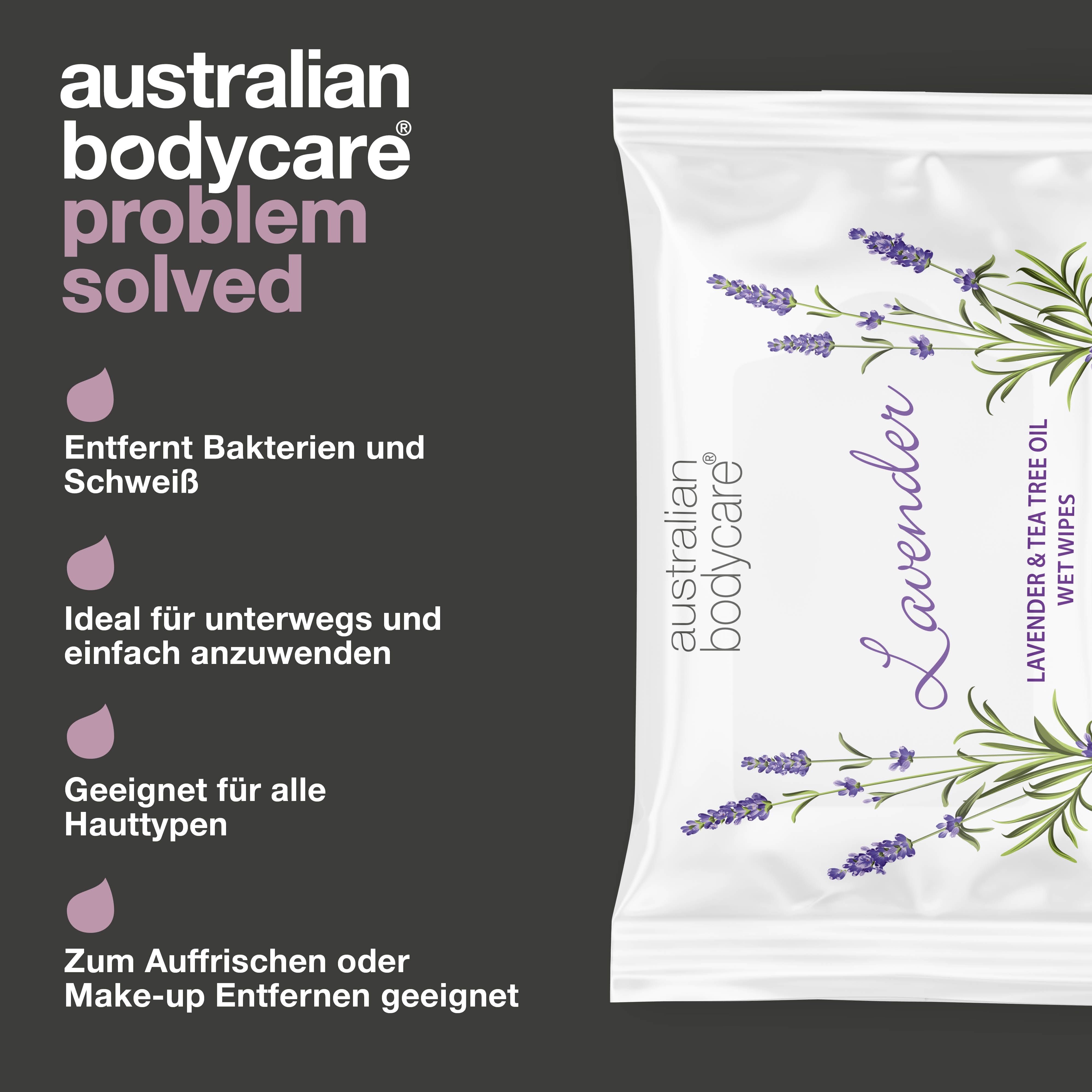 Verpackung mit Text und Illustrationen. Text: Australian Bodycare, Lavender, Wet Wipes.