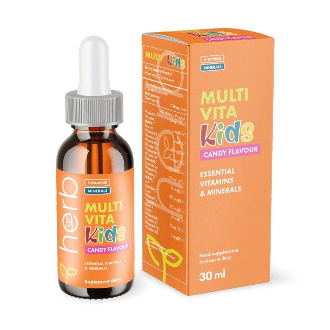 Braunes Glasfläschchen mit Pipette und orangefarbener Schachtel. Enthält Multi Vita Kids Bonbongeschmack, essentielle Vitamine und Mineralien.
