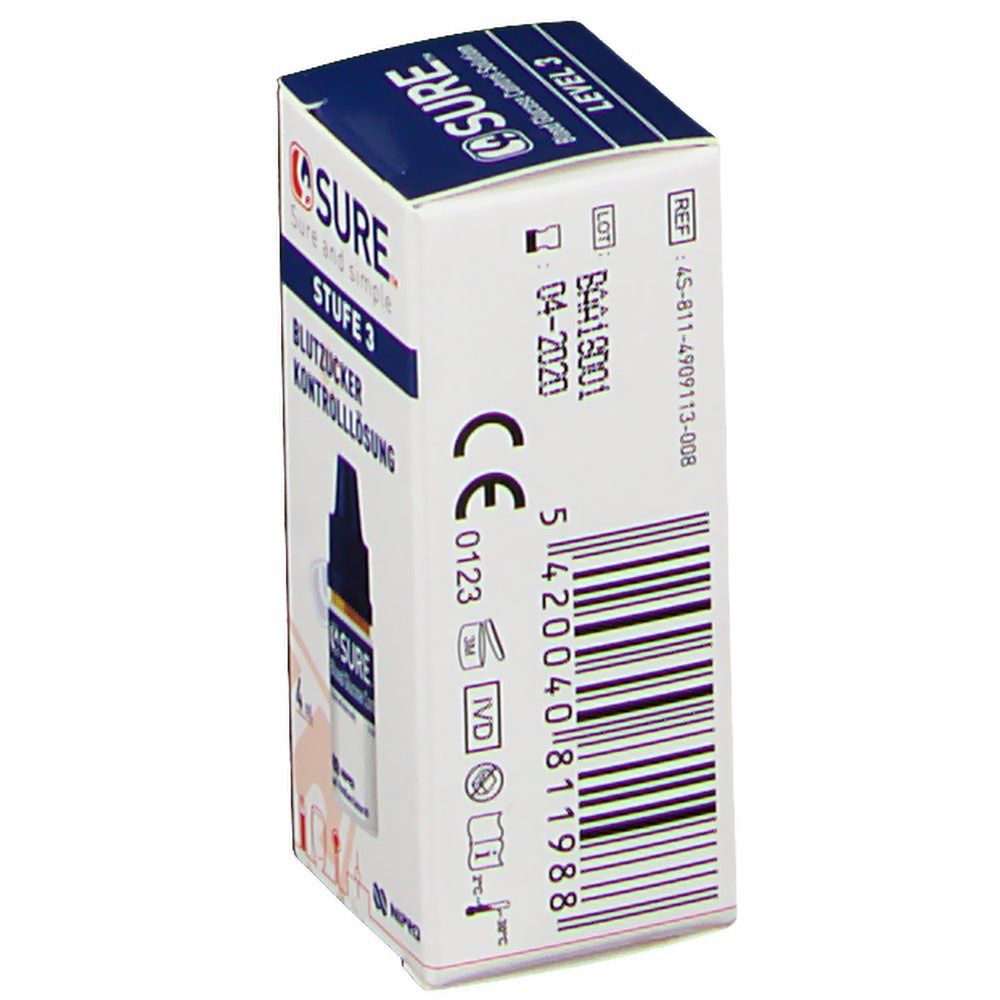 Karton mit 4SURE Blutzucker Kontrolllösung Stufe 3. Blaue und weiße Verpackung. Barcode und CE-Kennzeichnung.