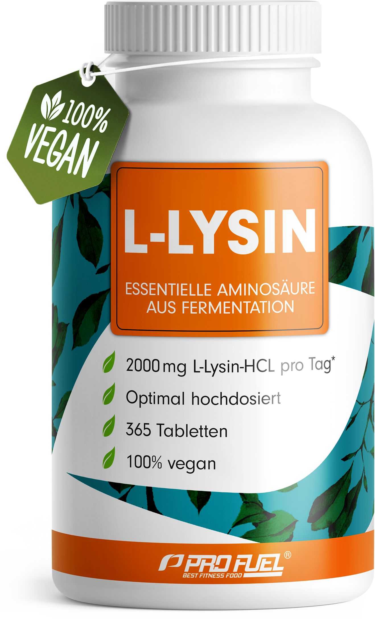Weiße Flasche mit L-Lysin Tabletten. Orangefarbenes Etikett mit Text. Grün-weißer Anhänger mit "100% Vegan".