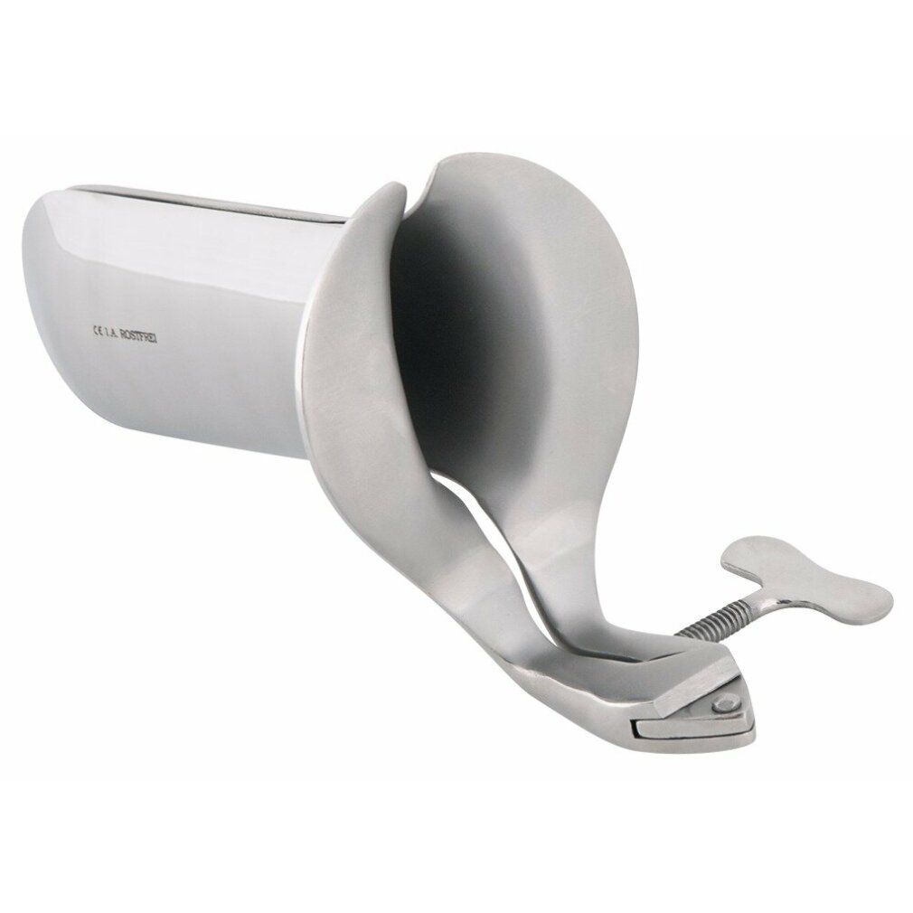 Vaginalspekulum aus Edelstahl. Metall, glänzend. Mit Flügeln und Schraubmechanismus. Sichtbare Marke: DE LA MOTTE.