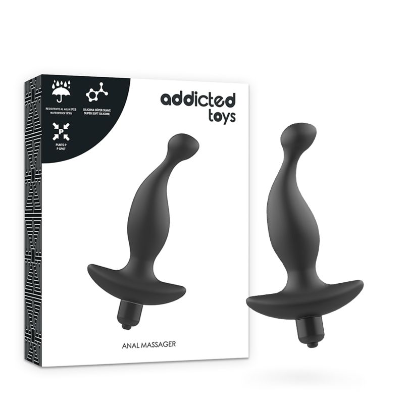 Verpackung mit zwei schwarzen Analvibratoren. Aufdruck: Addicted Toys, Anal Massager. Icons für wasserdicht und Silikon.