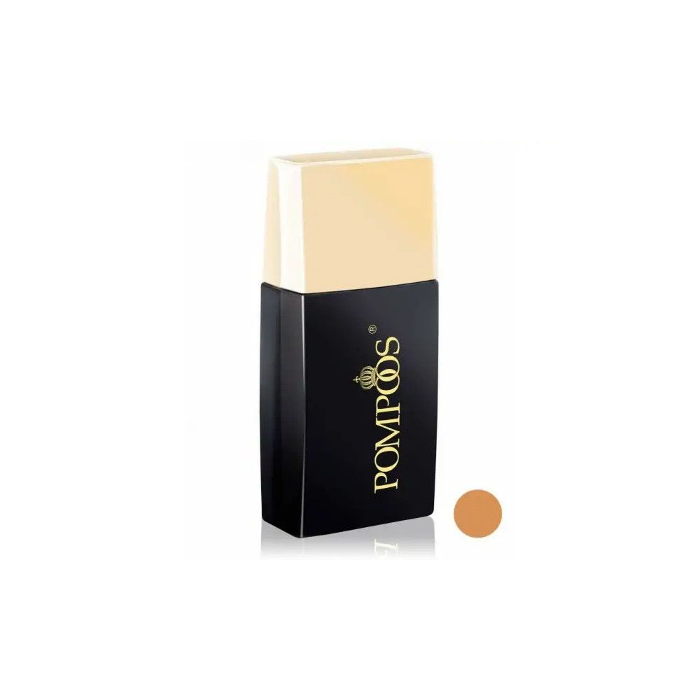 Schwarze Foundation-Flasche mit goldenem Deckel. Aufschrift "POMPÖÖS" und Farbprobe.