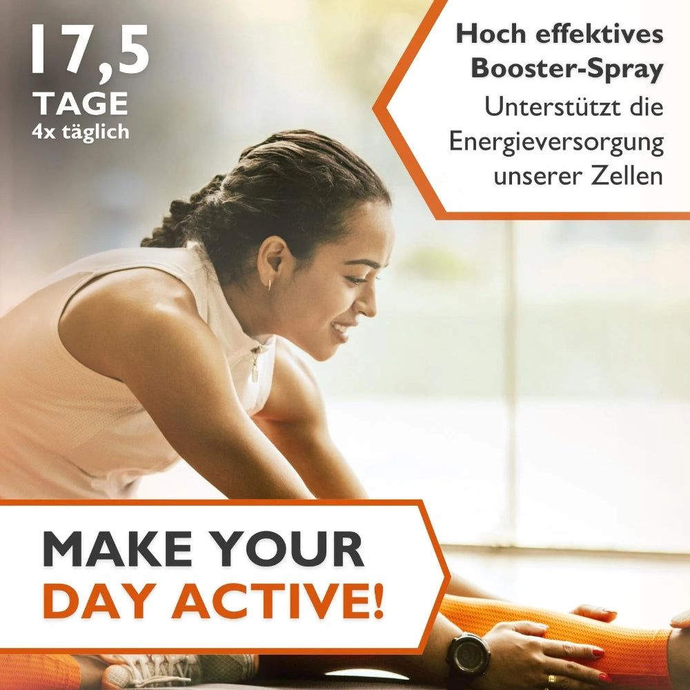 Frau dehnt sich. Text: 17,5 Tage, 4x täglich. Hoch effektiver Booster-Spray. Unterstützt die Energieversorgung der Zellen. Make your day active!