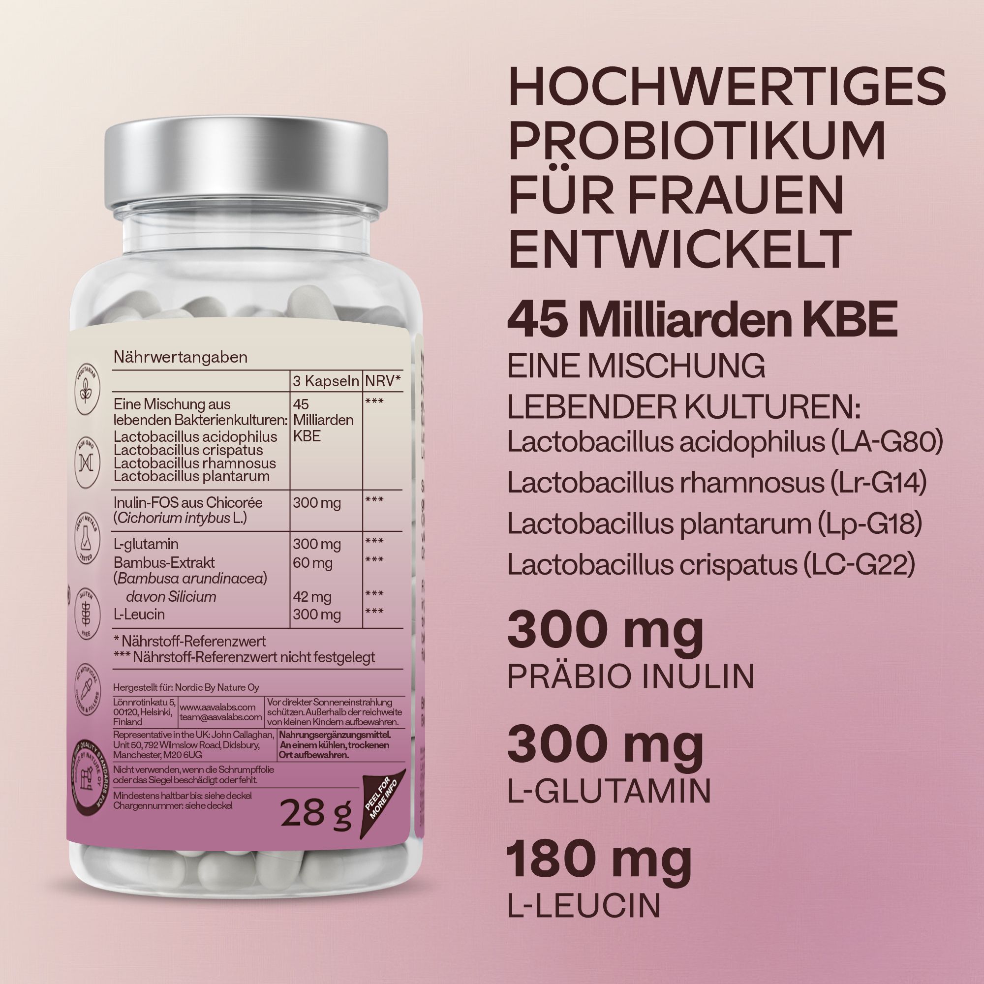 Nährwertangaben und Inhaltsstoffe. Text: AAVALABS, Women's Probiolac. 45 Milliarden CFU, Inulin, L-Glutamin.