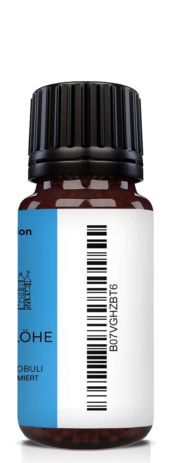 Braune Glasflasche mit schwarzem Deckel. Blaues Etikett mit Text: Läuse & Flöhe, Globuli, Saint Nutrition. Barcode und Produktcode.