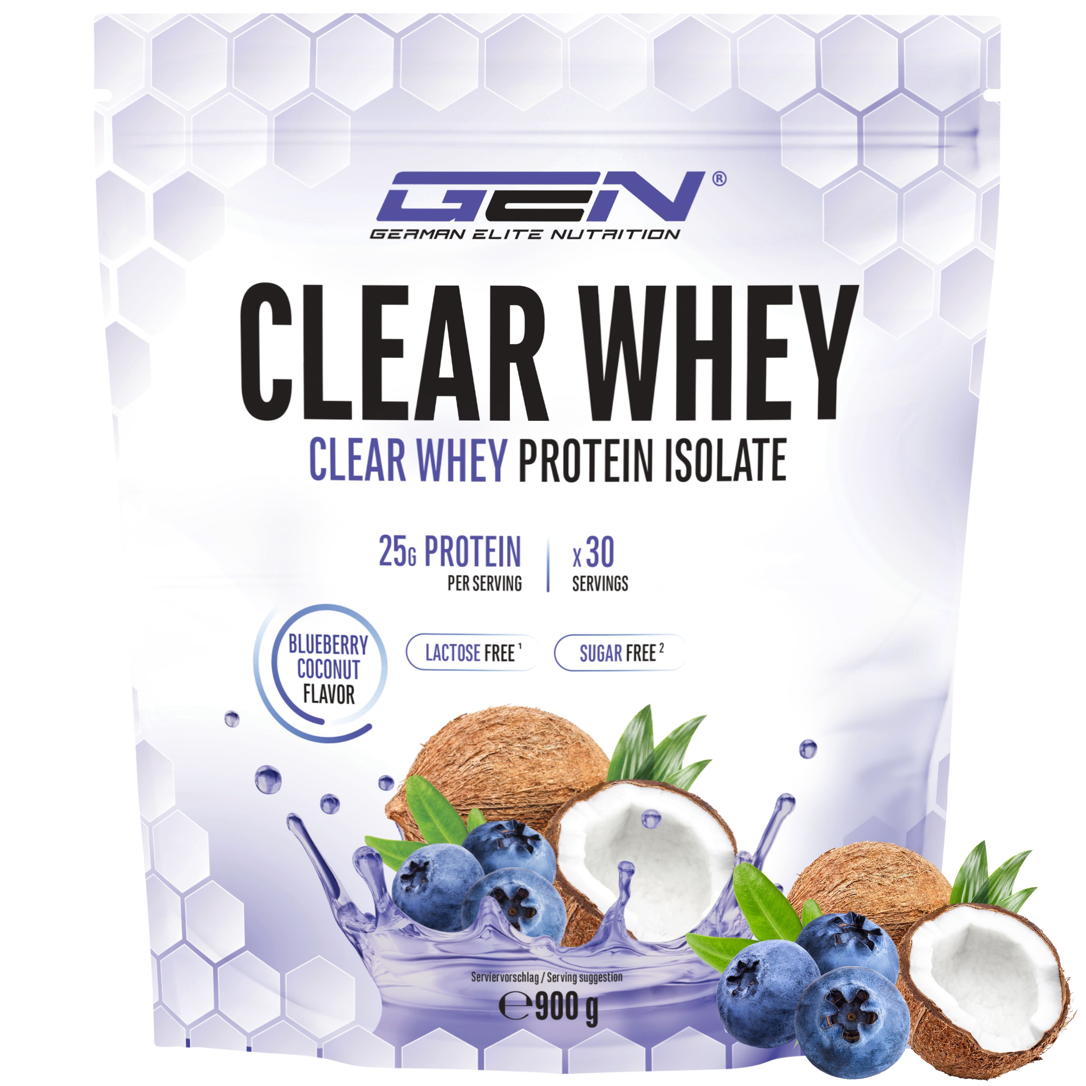 Beutel mit GEN Clear Whey Protein Isolat. Aufdruck: Clear Whey, 25g Protein, 30 Portionen, Blueberry Coconut Flavor, laktosefrei, zuckerfrei.