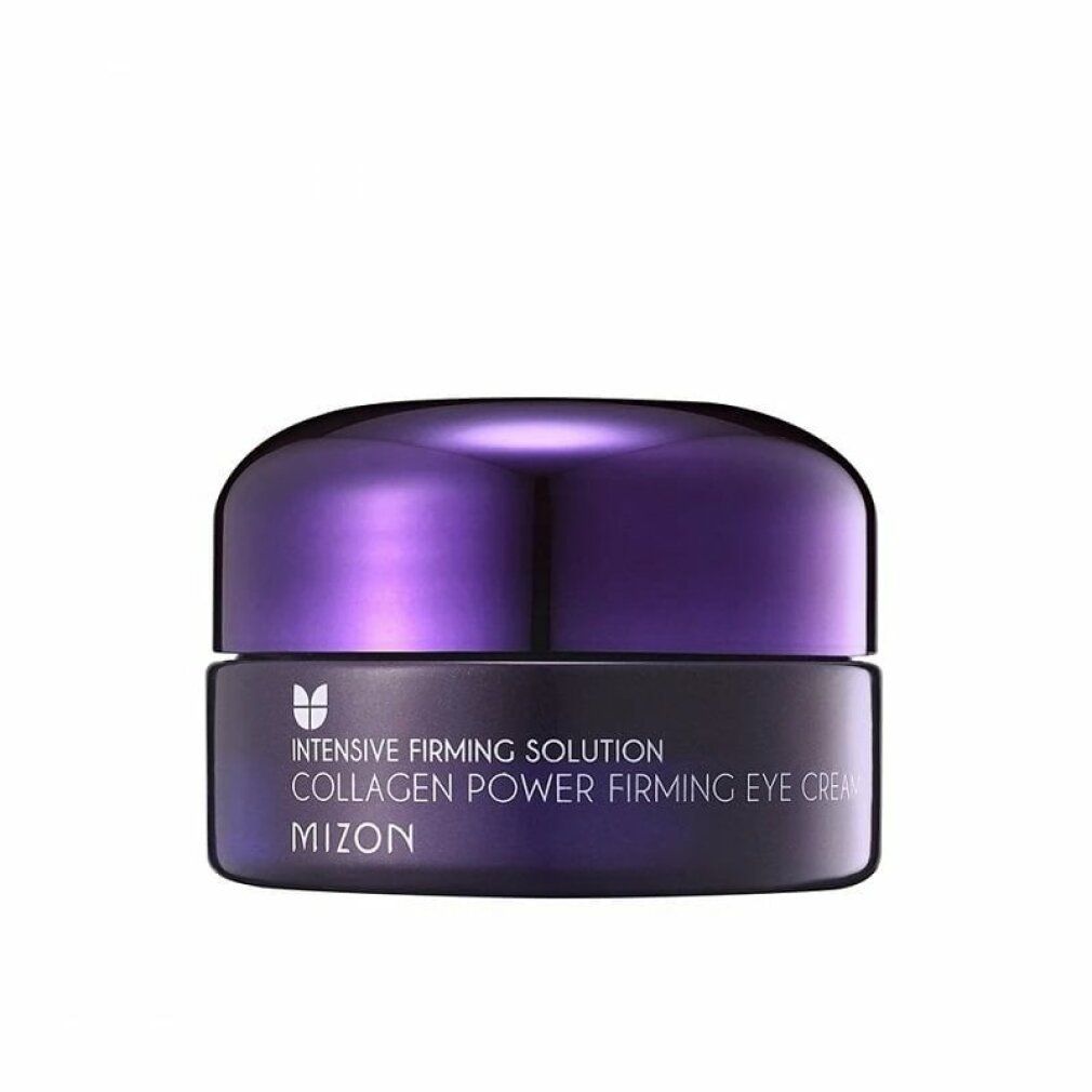 Augencreme-Tiegel mit lila Deckel. Schwarzer Behälter mit weißer Schrift: Collagen Power Firming Eye Cream. Marke: Mizon.