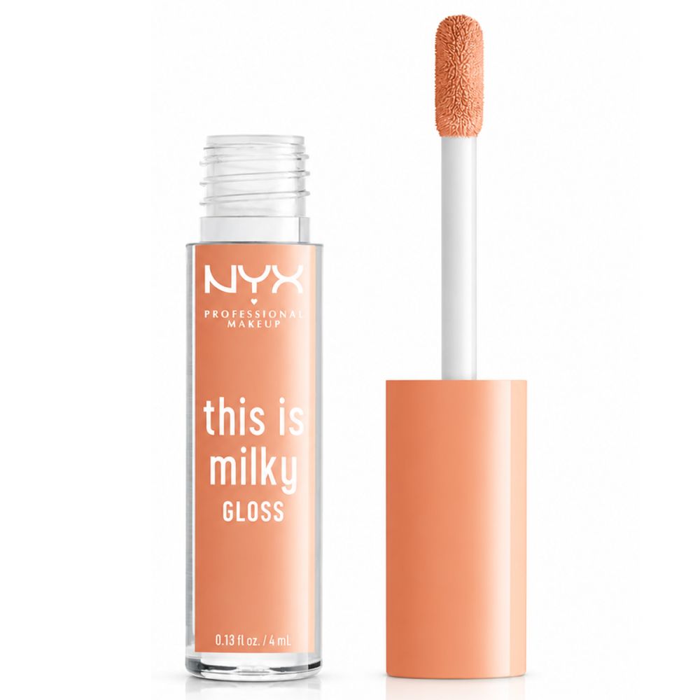 NYX Professional Makeup This is Milky Gloss in Pfirsichton. Geöffnete Tube mit Applikator und Pfirsichfarbenem Deckel.