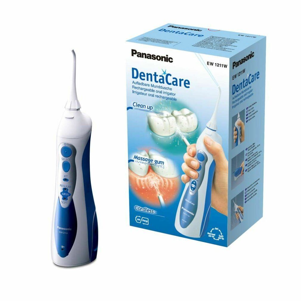 Munddusche und Verpackung. Munddusche weiß-blau. Verpackung mit Produktbild und Text: DentaCare, Panasonic.