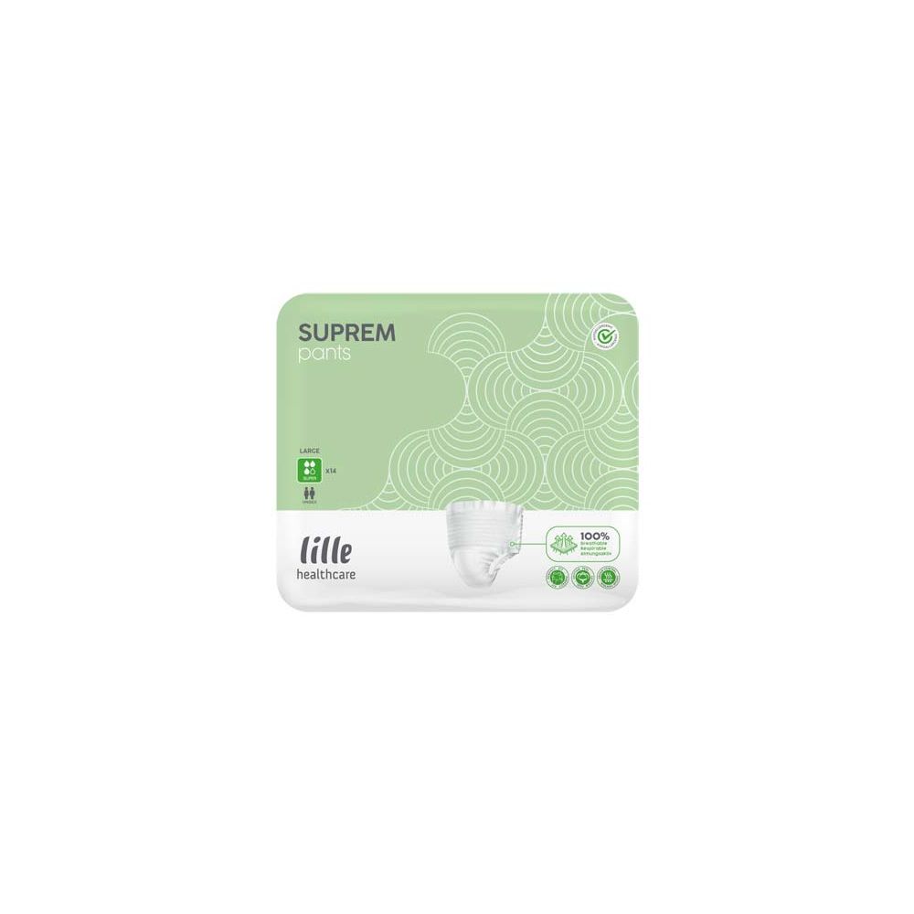 Verpackung mit SUPREMPants. Grün-weiße Verpackung mit Produktabbildung. Marke: lille healthcare. Größe L.