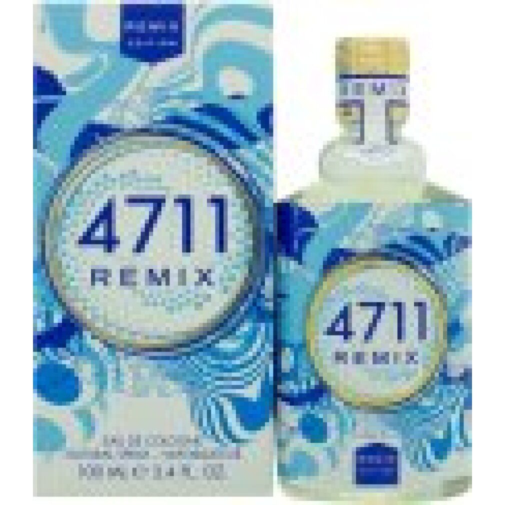 Flakon und Verpackung. Flakon mit blau-weißem Etikett. Aufschrift: 4711 REMIX. Verpackung mit gleichem Design.