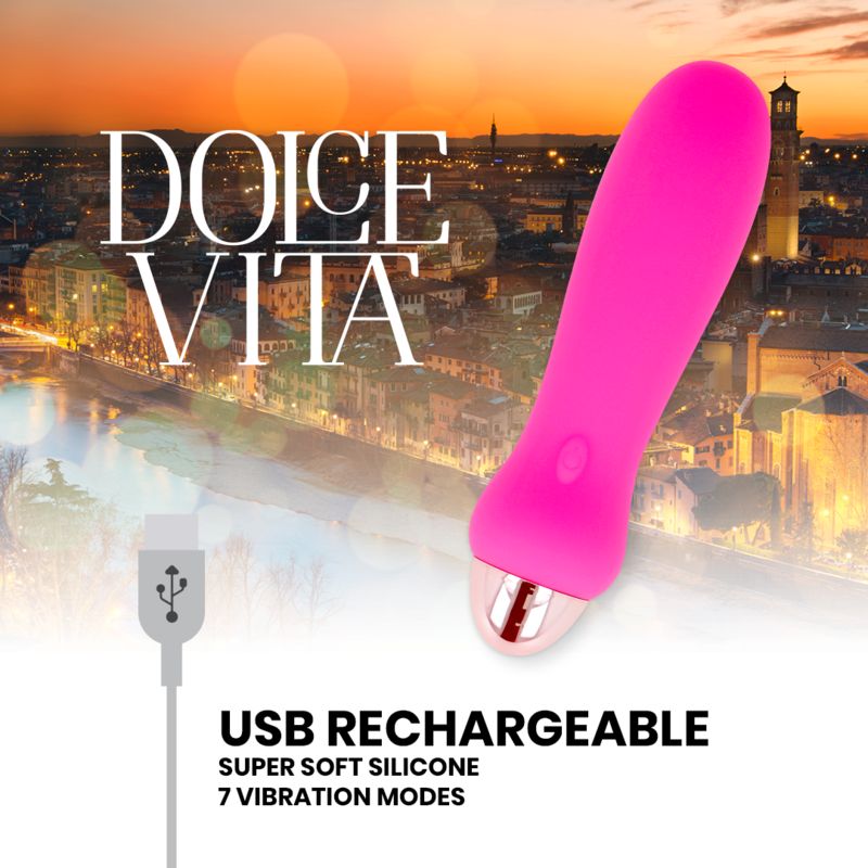 Pinker Silikon-Vibrator mit USB-Ladekabel. Beschriftung: Dolce Vita, USB Rechargeable.