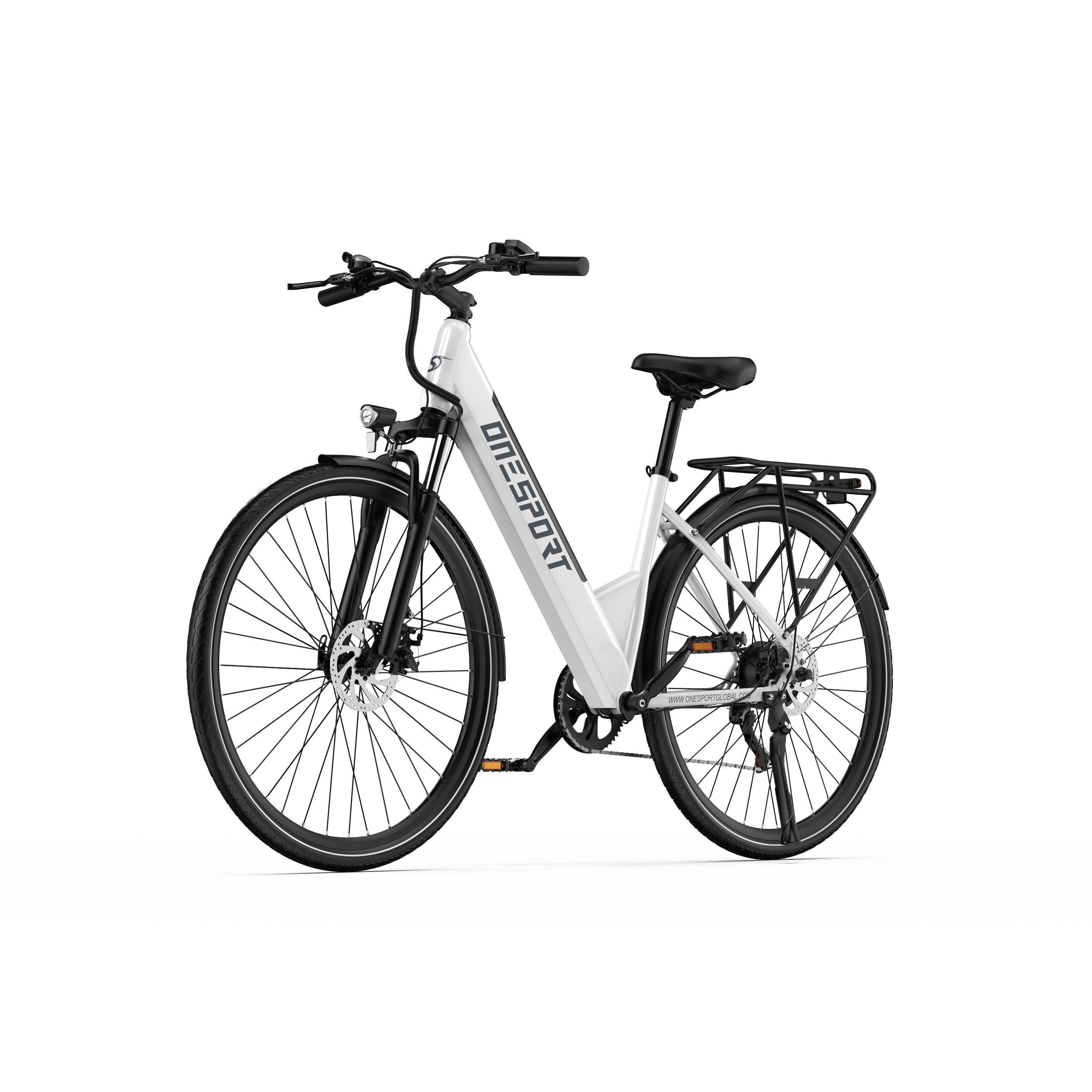 Weißes Elektrofahrrad mit schwarzen Elementen. ONE SPORT-Logo am Rahmen. Frontansicht.