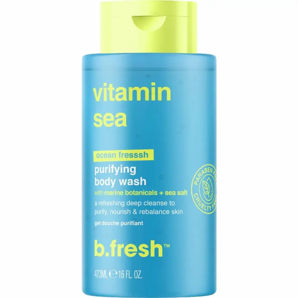 Blaues Duschgel mit gelbem Deckel. Aufschrift "Vitamin Sea" und "b.fresh". Paraben- und Cruelty-free-Siegel.