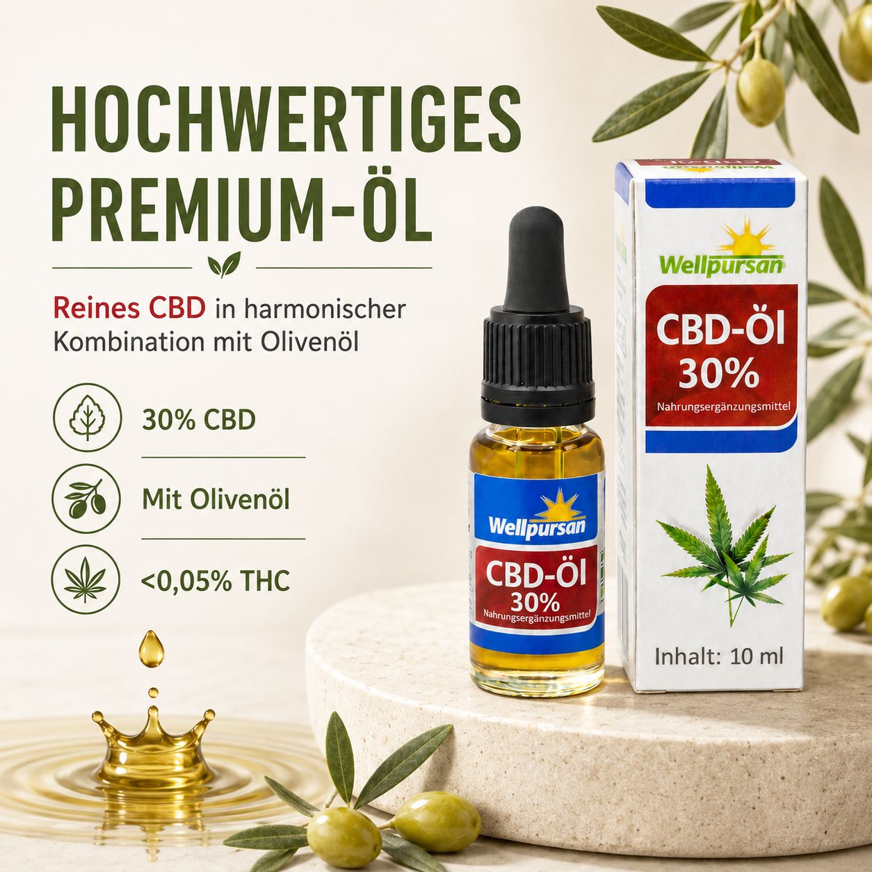 Wellpursan CBD-Öl 30% Flasche mit Pipette, Faltschachtel, Olivenöl-Tropfen und Hanfblatt-Symbol.